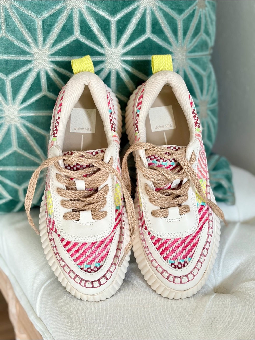 Dolce Vita Kids Pink Multicolor Woven Jute rope Lace-Up Sneakers- 7m - Picture 2 of 7